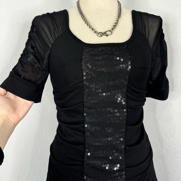 Black Sequin Short Sleeve Ruched Top Indie Sleaze Studio Y - Picture 1 of 7